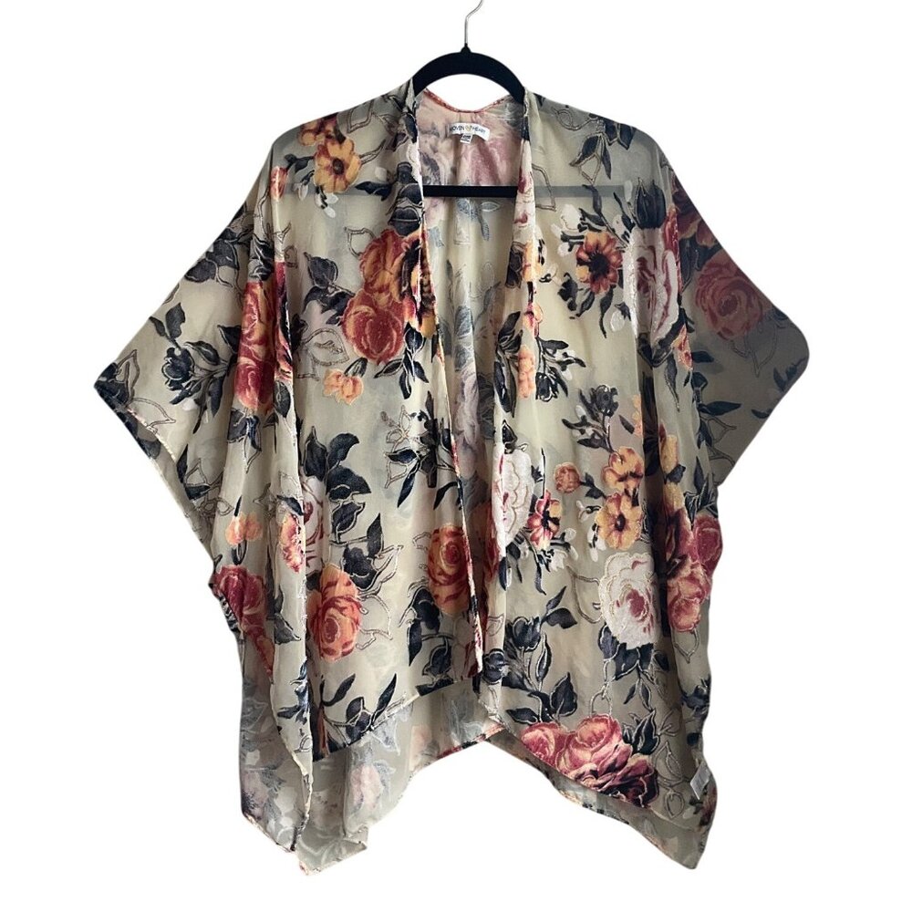 Woven Heart Floral Velvet Burnout Kimono Wrap Boho Whimsical Fairy